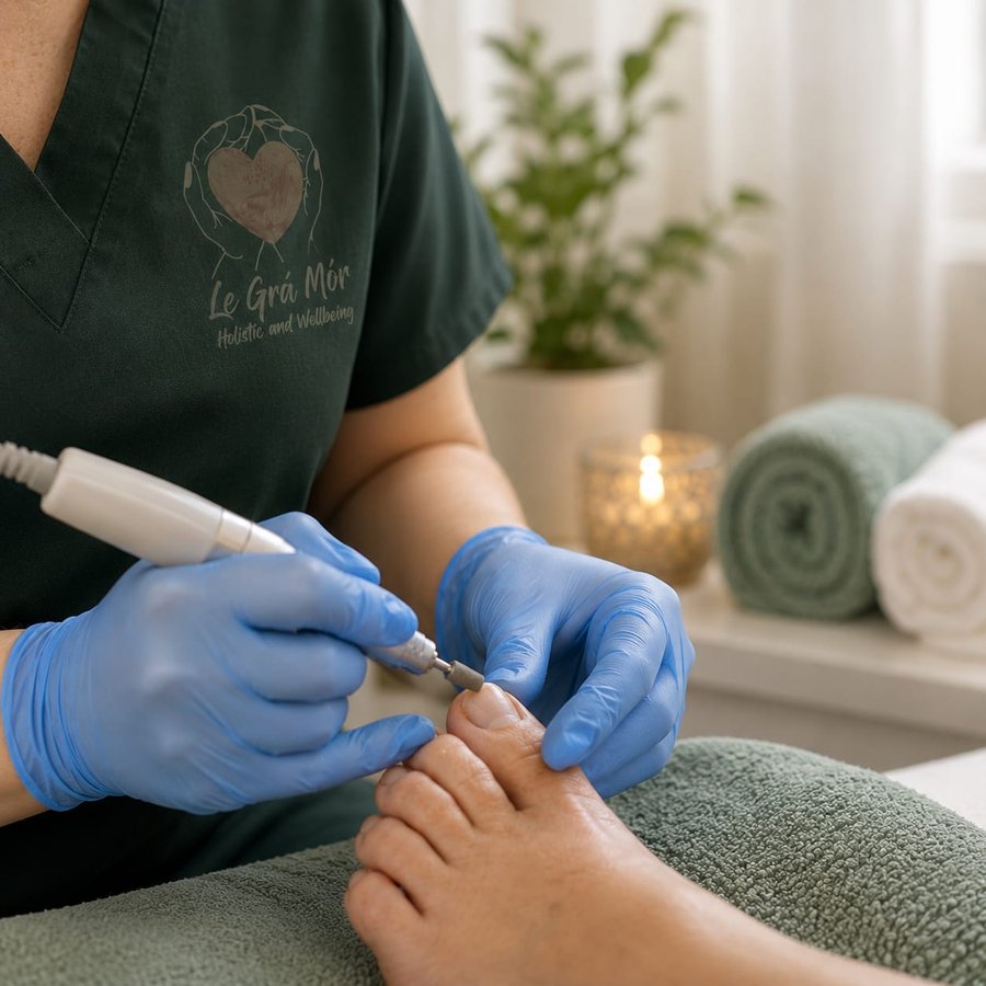 Routine foot care treatment in progress at Le Grá Mór